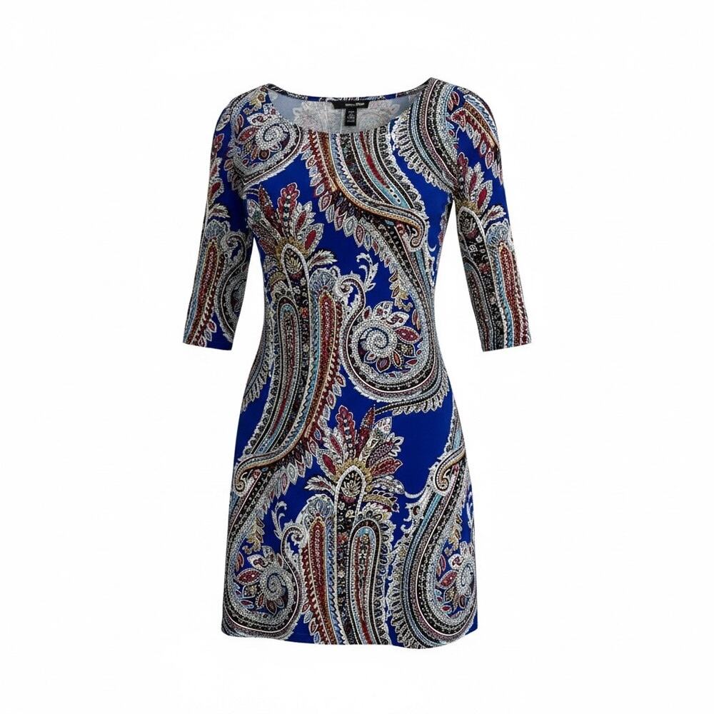 Roz & Ali boho chic Paisley Dress 3/4 Sleeve Blue Multi Knee Length PM